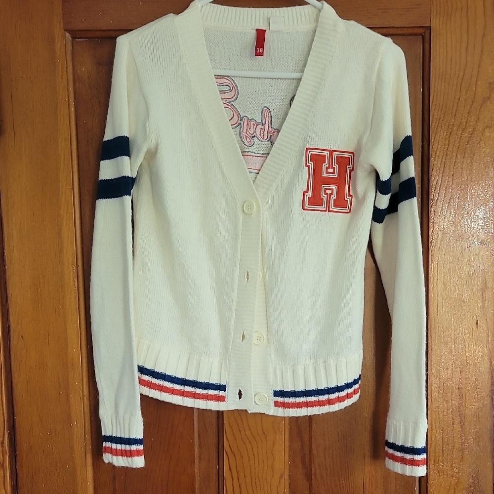 H&M Cream Cardigan with Red and Blue Stripes